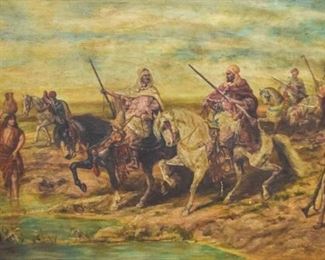 254	Adolph Schreyer Oil on Board Arabs on Horseback	Adolph Schreyer (German, 1828-1899). Oil on board. Arabs on horseback approaching a water source, encountering two girls with water carrying vessels. Discoloration from age. Signed "Ad Schreyer" in the lower right corner. Minor chips of paint missing throughout. Sight: 22 1/8" x 34", Frame: 26 1/2 x 40 1/2"