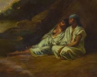 255	Eugene Formentin Oil on Canvas Moroccans Resting	Eugene Formentin (French 1820-1876). Oil on canvas. "Moroccans resting by the Waterfront", Orientalist in the style of Delacroix. Loss in the bottom left and top center. Hole in canvas by foot of figure, and bottom left. Extensive repairs, warped canvas. Sight: 16 1/2" x 24 1/4" Frame: 29" x 26"