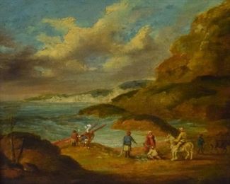 256	George Morland 18th Century Oil on Wood Panel	George Morland ( English 1763-1804). Merchants on the shoreline. Oil on wood panel. Signed in the bottom left. Loss in the bottom middle. Minor discoloration and cracking. Sight: 12" x 10", Framed: 18"x 16"