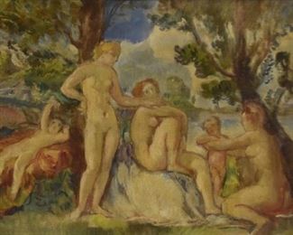 258	Herman Lipot Oil On Canvas	Herman Lipot (Hungarian 1884-1972) Oil on canvas of nudes under trees. Signed lower left. On verso written "1904". Sight size 15 3/4" x 18 3/4". Overall size 18" x 23"