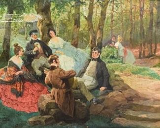 259	Hoger Oil on Canvas Pastoral Concert	Rudolf Alfred Hoger (Austrian, 1877-1930). "Pastoral Concert." Signed on lower left. Gilt frame has some losses to it, heavy paint loss on upper left. restorations. Sight: 34 3/4" x 48", framed: 42" x 55".