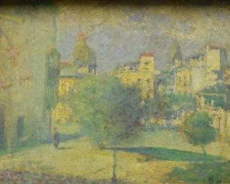 261	Dario de Regoyos Oil on Canvas Park Scene	Dario de Regoyos (Spanish, 1857-1913). Oil on canvas park scene. Signed lower right. Loss center right. Canvas loose in frame. Loss in the bottom right and top left of the gilt frame. 13" x 18", Frame: 26" x 20"