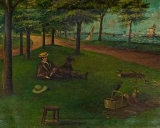 260	Oil on Canvas Man in the Park	20th century oil on canvas of man with his dog picnicking in a seaside park. 10 1/4" x 17 1/2" (with frame 14" x 21"). Wear to canvas from stretcher, scratch lower right, losses to frame