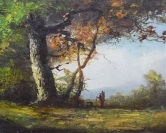 263	Signed Baer Oil on Wood Panel Hiker in Landscape	Signed Baer oil on wood panel hiker in landscape. Signed lower left. 6" x 13 3/4" (overall with frame 11 1/2" x 19 1/2")