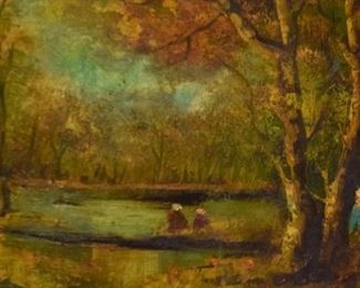 262	Oil on Canvas People in Lake Landscape	Oil on canvas people in lake landscape. Unsigned. 11 1/2" x 15 3/4" (overall with frame 20 1/4" x 24").