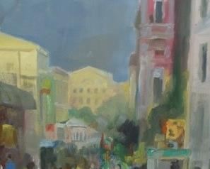 265	Murat Kaboulov Street Scene	Murat Kaboulov (Russian, 1939-2010). A Street Scene, oil on board. Signed and dated "Murat Kaboulov, 2004" on lower right. Sight: 35" x 23" Framed: 44" x 31 1/2".