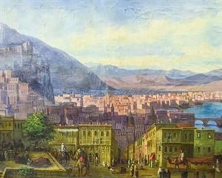 264	Attributed to Ivan Aivazosky Oil on Canvas	Attributed to Ivan Konstantinovich Aviazosky (Russian, 1817-1900). Oil on canvas. Views of Tiflis. Signed and dated in lower left. Certificate of Authenticity from Budapest on verso on left side. With gilt frame, in four parts. Sight: 46" x 71" Frame: 53 1/2" x 78 1/2". Crazing on the top of the canvas, chip missing in the top center, losses to frame.