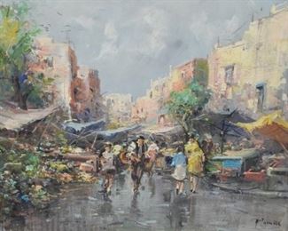 267	M. Janelle Oil on Canvas Street Scene	20th century oil on canvas street scene. Signed lower right Janelle. 28 1/2" x 22 1/2" (with frame 26" x 33").