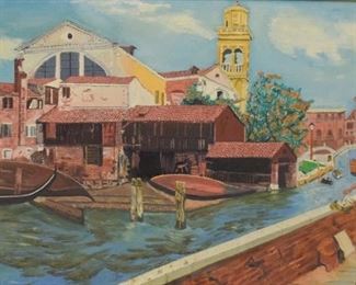 268	20th Century Oil on Canvas of a Man Painting	Oil on canvas. Painting of a man painting the canal, post impressionist style. Signed illegibly in the bottom right. Sight: 35 1/2"x 23 1/2" Frame: 38 3/4" x 27 1/4"