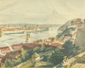 272	19th Century Colored Lithograph Budapest	19th century colored lithograph of Budapest and the Franz Joseph bridge. Framed with glass. Unsigned. Backing is torn. Sight: 9 1/4" x 13 1/4" Frame: 12 1/2" x 17 1/2"