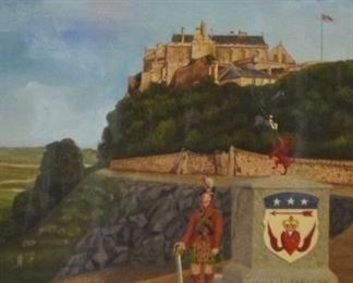 273	Oil on Canvas Clan Douglas Scottish Castle	Oil on canvas of a castle with Clan Douglas motto. Unsigned. 17" x 13" (overall with frame 22" x 18"). Hole in sky, paint loss along bottom