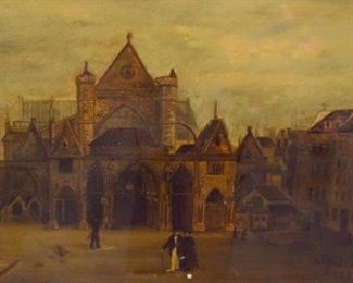 275	Alfred Joly 19th Century Oil Painting	Alfred Joly (British, 19th Century). Oil on board. A cathedral square with figures. Signed lower right "Alfred Joy 1886". Paint loss upper right corner, lower left corner and throughout. Overall size 6" x 8 1/2".