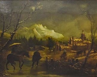 274	Continental Castle Landscape Oil on Canvas	Early 19th century continental school, oil on canvas. Traveler on horseback in foreground with castle and mountains, possibly the Carpathian Range in the background. In giltwood frame. Discoloration from age. Loose in frame. Two chips in the bottom left of the frame, crazing. Unsigned. Sight: 41 1/4" x 78 1/2", Frame: 58 1/2" x 85"