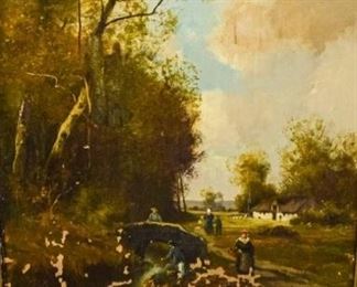 276	E. Charlet Oil on Canvas 19th Century	19th century Belgian countryside. Signed in the bottom right. Significant chips and loss on the bottom left. Hole in the top left corner. Hole in the top right. Three repairs on the verso. Frame is chipped on the left top corner to middle left. Canvas is loose in the frame. Sight: 36" H x 28" W Frame: 44" H x 38" W