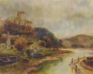 277	Oil on Canvas People in River Landscape	Oil on canvas people in river landscape. Unsigned. 9 3/4" x 19 1/2" (overall 15 1/2" x 25 1/2"). Hole in canvas along right side.