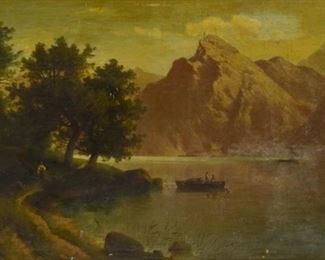 279	Signed PR Piccoli Oil on Canvas Mountain Lake	PR Piccoli oil on canvas people in mountain lake landscape. Signed lower left. 19" x 32" (overall with frame 24" x 37"). Frame separating at corners, crazing throughout.