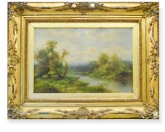 280	Thomas Bailey Griffin Oil on Canvas Landscape	Thomas Bailey Griffin (American, 1858-1918). Oil on canvas house in landscape. Signed Thomas B. Griffin lower left. 15 1/2" x 23 1/2" (overall with frame 29" x 37"). Tear and hole lower right and additional repairs lower right, losses to frame