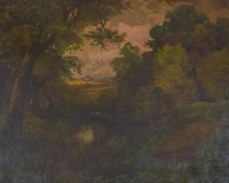 282	Signed Wakefield Oil on Canvas Landscape	Oil on canvas landscape. Signed Wakefield, lower right and on verso. 14 1/2" x 21 1/2" (with frame 19 1/2" x 26 1/2"). Crazing in sky, repair along right side.