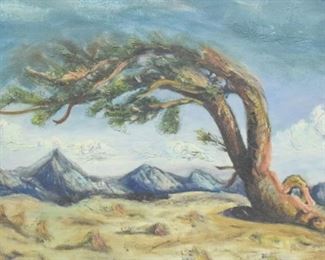 281	Oil on Canvas Panel Tree in Mountain Landscape	Unsigned oil on canvas panel tree in mountain landscape. 15 1/4" x 19 1/4" (overall with frame 23 1/2" x 27").
