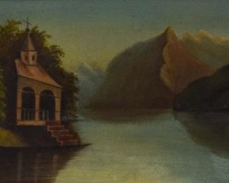 283	19th Century Oil on Canvas Church Landscape	Oil on canvas. Landscape of church chapel on riverfront. Unsigned circa 19th century. 8 5/8" L x 5 5/8" W. 13 3/4" L x 10 3/4 W in frame. Canvas and frame in good condition.