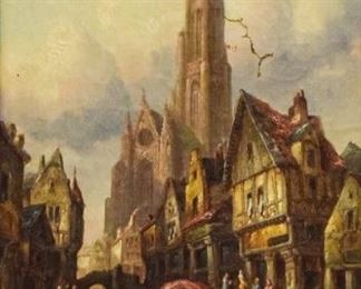 285	Henry Schafer 19th Century Oil Painting France	Henry Thomas Schafer (British, 1854-1915). Oil on canvas of a canal scene in France. A cathedral is in the background. Signed lower right "HTS 1883", on verso "Morlaix Brittany H. Schafer". Sight size 15" x 11 1/2". Overall size 26" x 22 1/2". Tear to the right side in the sky with patch repair on verso. Some paint loss throughout. Damage and repairs to gilt frame.