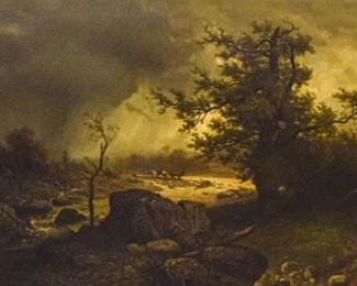 284	Elischer Lajos Oil on Canvas Landscape	Elischer Lajos (Hungary, 1842-1892). Oil on canvas. Landscape with cows, storm incoming. Sight size 42" x 66". Overall size 55 1/2" x 79 1/2"