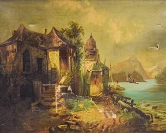 286	19th Century Oil on Canvas Landscape	Unsigned. Oil on canvas in gilt frame from the 19th century depicting a landscape by a river. Punctures and tears on lower left and upper right. Sight: 22" x 29 1/2" Framed: 30 3/4" x 38"