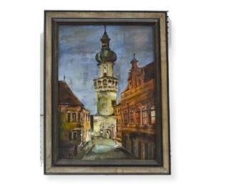 287	Oil on Board European Street	Oil on board European street. Signed illegibly lower left. 23" x 16 1/4" (overall 28" x 21 1/2").