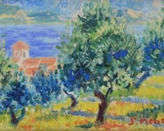 289	Serge Mendjisky Oil on Canvas Landscape	Serge Mendjisky (French, 1929–2017). Oil on canvas landscape. Signed lower right S. Mendjisky. 5 1/4" x 8" (overall 12" x 15 1/2")