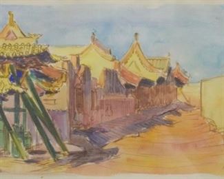 290	Boris Vasiloff Watercolor Mongolia	Boris Vasiloff (Russian/American, 1906-2000). Watercolor Mongolia. Signed lower right B. Vasiloff. 9" x 16" (overall 16 1/2" x 23").