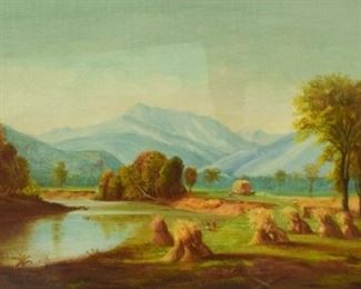 292	Signed Meda Oil on Panel Landscape	Meda (19th century). Oil on panel people in farm mountain landscape. Signed and dated lower right Meda 1880. 15" x 23 1/2" (overall with frame 22 1/2" x 31 1/2")