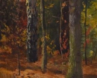 295	Attributed to Nandor Katona Oil Landscape	Attributed to Nandor Katona (Hungarian, 1864-1932). Oil on wood panel landscape. Signed illegibly lower right, with additional information on verso. 11 1/4" x 8 1/2" (overall with frame 13 1/2" x 11"). Chip on lower right corner.