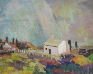 298	Oil on Board Houses in Landscape	20th century oil on board houses in landscape. Signed illegibly lower right. 19" x 24" (with frame 28" x 32"). Scratches and paint loss along bottom edge