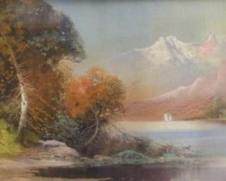 299	20th Century Pastel Landscape of River	20th Century pastel landscape. Sailboats on a river with mountains in the background. Signed lower right "Brown". Sight size 17 1/4" x 39 1/2 Overall size 23 1/4" x 45". Small patch of foxing lower right side.