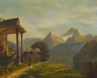 302	19th Century Oil on Canvas Pilgrim in Mountains	Oil on Canvas. Pilgrim in the mountains. Unsigned. Plaque inscribed "Pettengill" on frame. Sight: 24 7/8" x 16 3/4" Frame: 35 7/8" x 28"