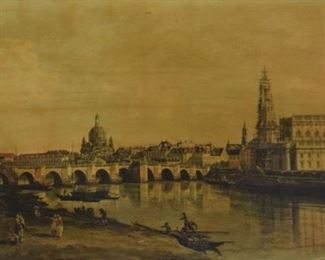 304	Bernado Belloto River Elbe Print on Canvas	Bernando Belloto (Italian, 1721-1780). Scene of the River Elbe from Dresden. Print on canvas, mark on verso. Water damage on upper left and right, discoloration throughout. Losses to frame. Sight: 22" x 31" , framed: 29" x 48".
