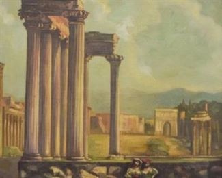 305	Roma 1882 Oil on Canvas	Two women in Rome. Signed VG in the bottom right with the inscription "Roma 1882". Warped canvas. Gilt frame, canvas loose in frame. Sight: 19 3/4" x 21 1/2" Canvas: 29 1/4" x 34"