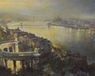 303	Stephen Juharos Oil on Canvas Budapest	Stephen Juharos (Hungarian, 1913-2010). Oil on canvas Budapest cityscape with river. Signed lower right Juharos. Three 1" vertical tears in center of canvas, small restoration at top, restorations along bottom. 38 1/4" x 49" (with frame 47 1/4" x 58")