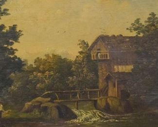 306	18th Century Oil on Canvas House on the River	Mill or house situated on the river with a man fishing in the background. Unsigned. Crazing throughout, discoloration from age. Small loss in the top center. Sight: 5" H x 8" W. Frame: 13" H x 16" W
