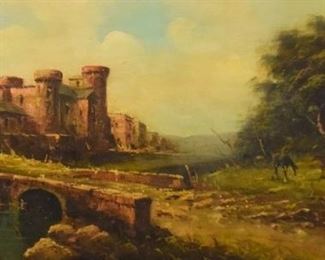 307	Oil on Canvas Navarrino Navarrini Castle	Navarrino Navarrini (Italian 1892-1980). Oil on canvas. "Castle Landscape with Horses". Early to mid-20th century. Sight: 23 3/8" x 47 1/2", Frame: 30 3/4" x 54 5/8"