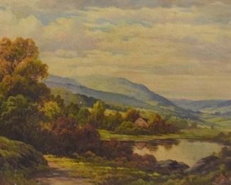 308	A. Spencer Oil Painting	A. Spencer (English, 20th century). Landscape painting with house in the background. Signed in the bottom left. Slight loss on the top. Residue on the bottom left. Gilt frame cracked in the top left and loss in the middle left. Stamped "The concept of this picture is the property of the artist and is strictly reserved" on the reverse. Sight: 38 1/4"x 28", Frame: 44 1/4"x 34 1/4"