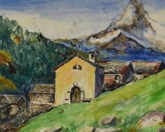 309	E. Casseratti Framed Porcelain Plaque	E. Casseratti (Italian). Framed porcelain plaque depicting mountains and house on hill. Signed in the lower right. Frame: 21 1/4" x 16 7/8" Sight: 16 1/4" x 12"