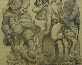 312	Adolphe Willette Journee de L'Herault 1916 Poster	Aolphe Willette (French, 1857-1926). French War Department lithograph poster Journee de l'Herault, 15 Octobre 1916 (Day of the Herald, October 15, 1916). Signed in the plate lower right. Discoloration consistent with age, creases throughout, tears in corners upper right and upper left. 44 3/4 x 31 1/4"