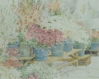 310	Beth Eidelberg Watercolor of Flower Garden	Beth Eidelberg (American, 1933-2018). Watercolor of assorted potted flowers in a garden. Sight size: 20" H x 26.5" L. Framed: 33" H x 40" L.