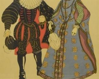 317	WPA Fashion Lithograph Elizabethan	Elizabethan fashion lithograph, plate no. 42 from the Works Progress Administration's Costumes of the World: 100 Hand Colored Plates From Ancient Egypt to the Gay Nineties. Wear to edges, holes in all 4 corners. 23" x 18" (with frame 28 1/4" x 23 1/4")