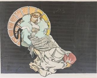 318	Joy Dunn Art Nouveau Woman Print	Joy Dunn (American, 1952-). Print of a ornately dressed seated woman in art nouveau style on black ground background. Pencil signed in the lower right. Numbered 203/250. Sight: 17" x 23". Frame: 24" x 28 3/4". Slight warping of the paper. Framed and matted with glass.