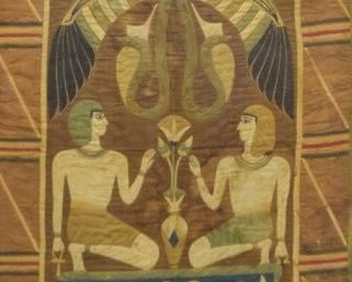 321	Egyptian Revival Textile	Framed Egyptian revival textile, circa 1920s. Wear and losses consistent with age. 41" x 27" (with frame 49" x 39")