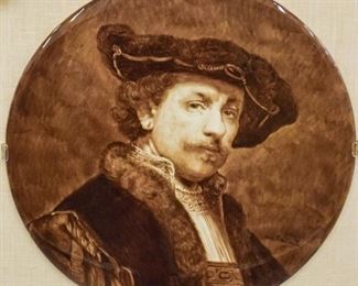 323	Rembrandt Porcelain Plaque Self Portrait	Circular porcelain plaque, self portrait by Rembrandt. 17 1/2"-diameter (with frame 21" x 21")