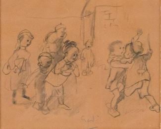 325	New York, 1945 Drawing on Paper	20th century charcoal on paper of children playing. Signed illegibly and signed, inscribed and dated New York, 1945 in the mat. 5 1/2" x 6 1/2" (with frame 16 1/4" x 12 1/4")