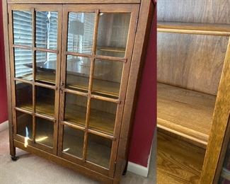 Vintage Oak Glass Doors Book Shelf Approximately 36” W X 12-1/2” D X 49-3/4” T